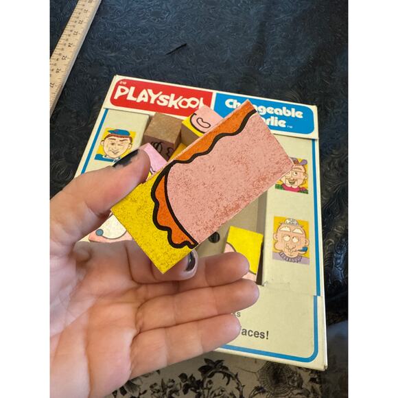 Vintage 1970s Playskool Changeable Charlie Wooden Block Faces Puzzle Toy Kit - Picture 2 of 5